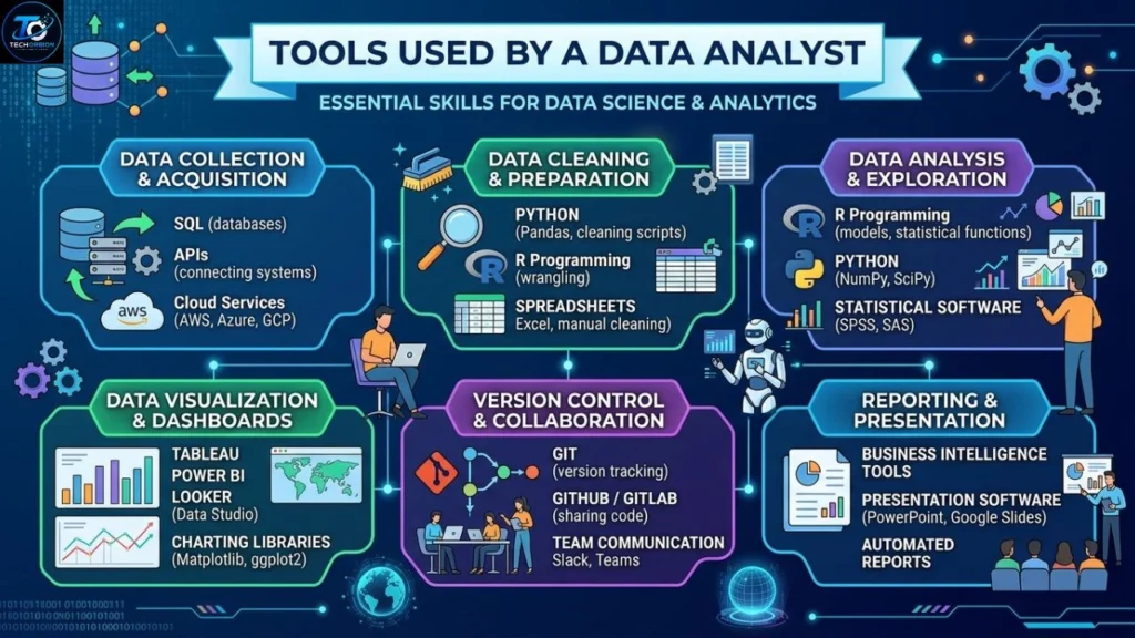 Essential data analyst tools including Excel, SQL, Python, Power BI, and Tableau