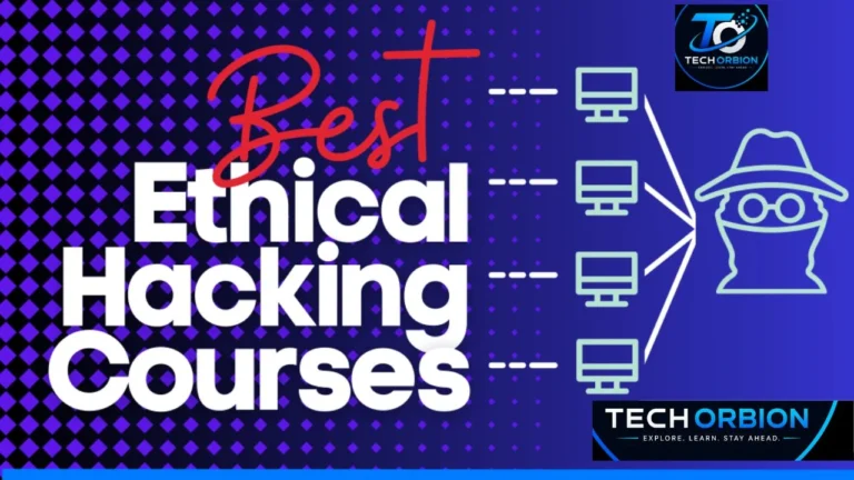AI-generated feature image for Ethical Hacking Course PDF, showing a cybersecurity professional, laptop with code, digital shield, and ethical hacking tools for beginners.