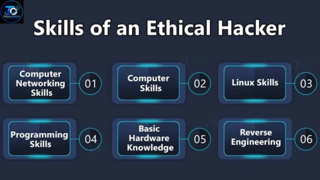 AI-generated illustration of skills you can learn from an ethical hacking course PDF, including penetration testing, network security, Linux, vulnerability assessment, and cybersecurity techniques.