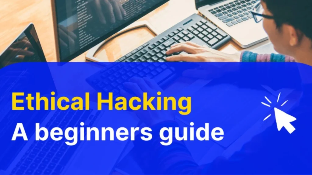 Illustration explaining what an ethical hacking course PDF is with cybersecurity learning resources, laptop, and hacking tools for beginners.