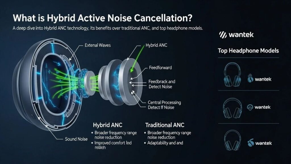 Comparison diagram of Feedforward ANC, Feedback ANC, and Hybrid ANC earbuds.