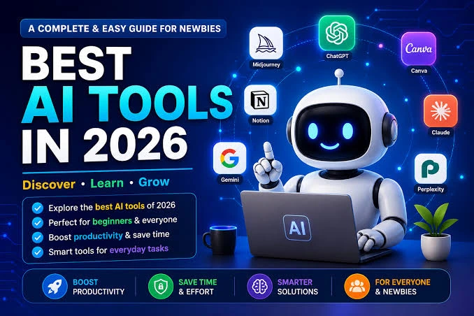 AI Tools Guide: 25 Best AI Tools to Boost Productivity, Creativity & Business in 2026 AI Tools Guide featuring the best AI tools for productivity, writing, coding, design, and business in 2026