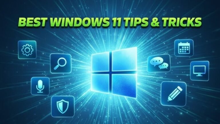 Windows 11 Tips and Tricks featured image showing Windows 11 interface, productivity tips, hidden features, keyboard shortcuts, security settings, and performance optimization.