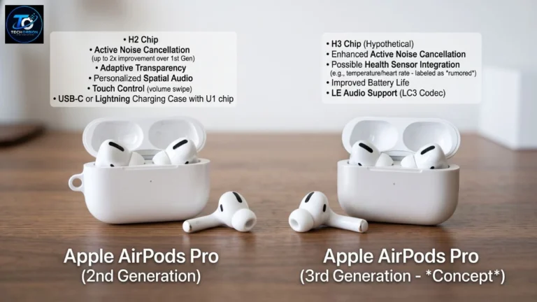 Apple AirPods Pro 2 vs 3 comparison showing both wireless earbuds and charging cases
