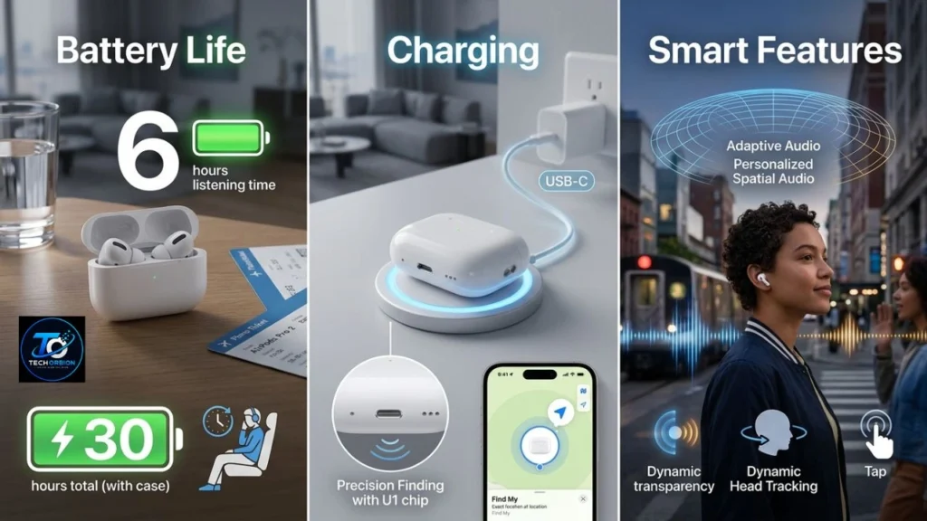 AirPods Pro 2 Battery Life, Charging and Smart Features © TechOrbion.com