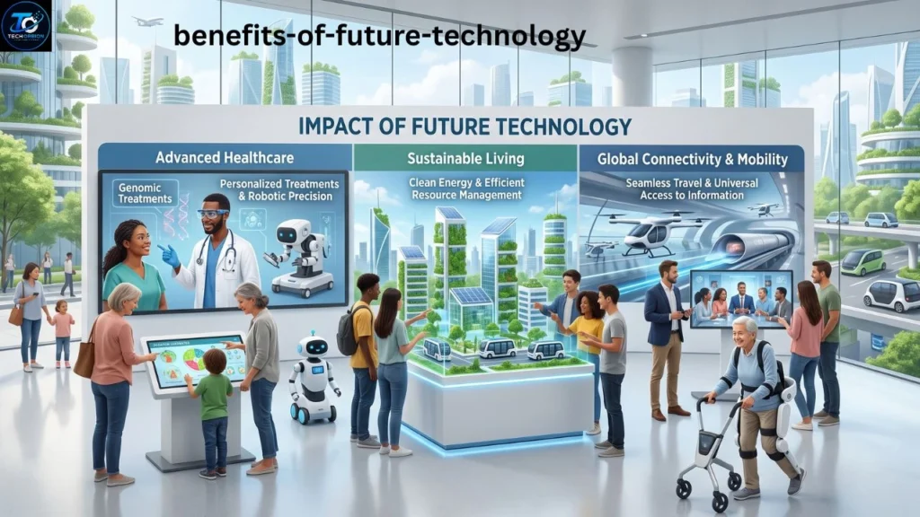Benefits of Future Technology including AI, automation, smart cities, healthcare, education, and sustainable innovation.