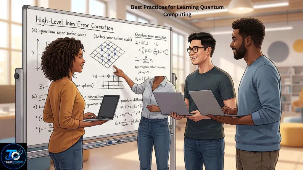 Student learning quantum computing concepts through programming, qubits, and quantum algorithms.