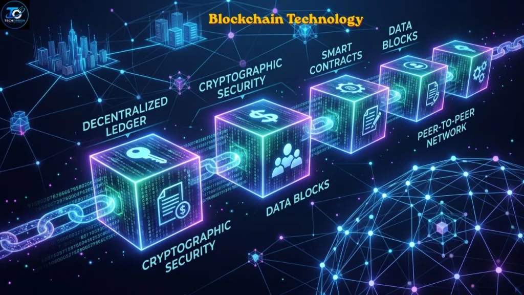 Blockchain Technology illustrating secure digital transactions, smart contracts, decentralized networks, and cryptocurrency.