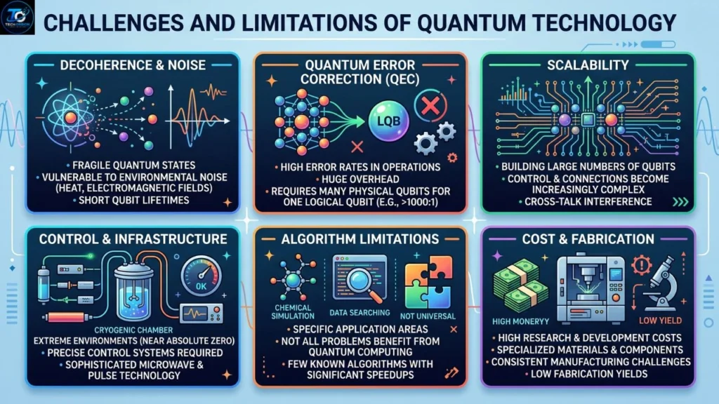 Challenges and limitations of Quantum Technology including error correction, scalability, high costs, and hardware complexity illustrated