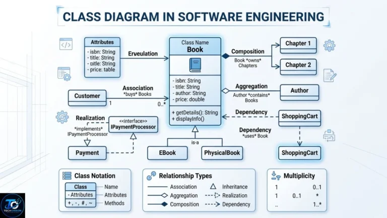Class Diagram in Software Engineering: Concepts, Examples & Benefits Class diagram in software engineering showing classes, attributes, methods, and relationships