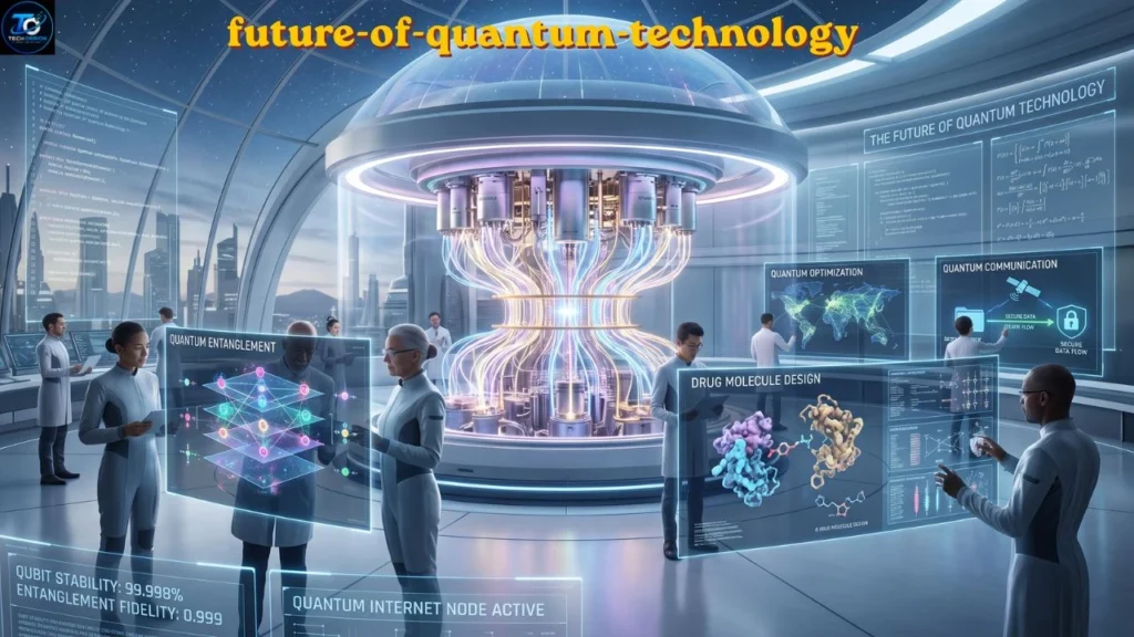 Future of Quantum Technology showcasing next-generation quantum computing, AI, secure communication, and advanced scientific innovations