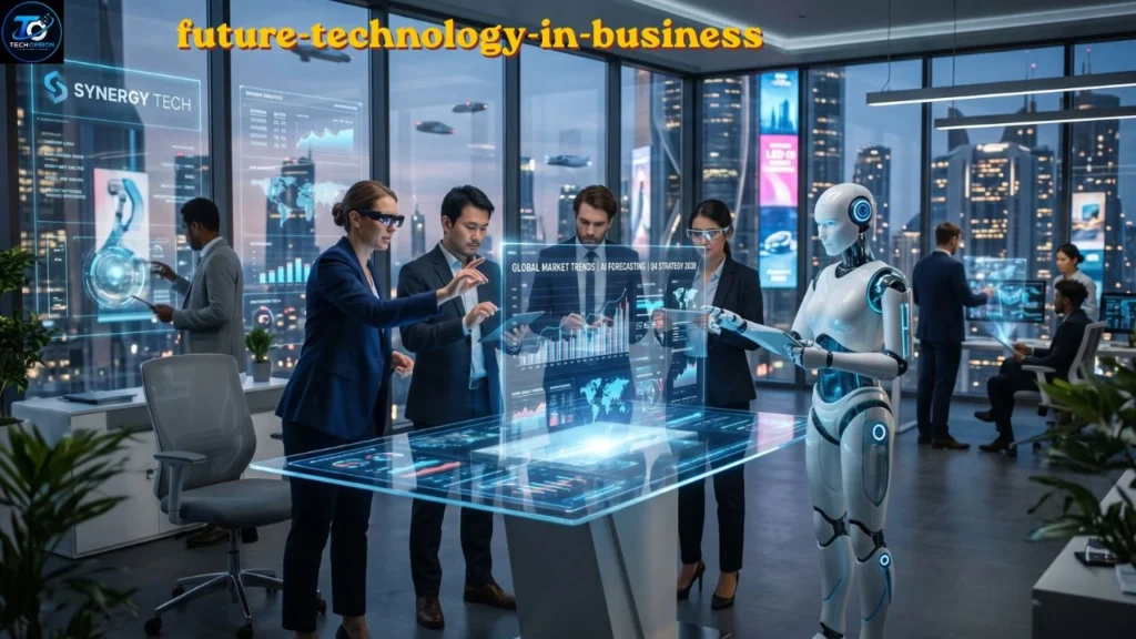 Future Technology in Business showing AI, automation, cloud computing, data analytics, and digital transformation.
