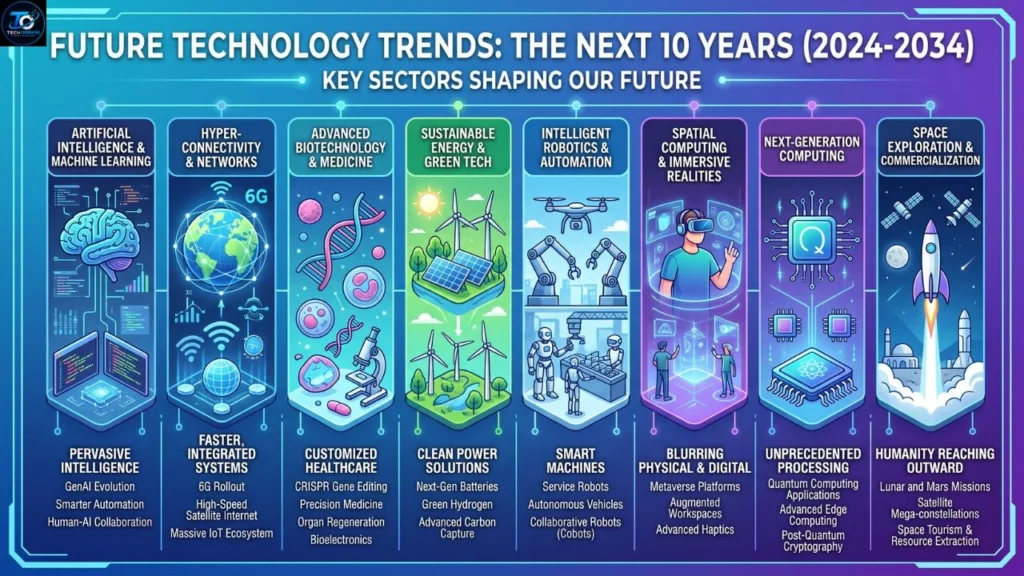 Future technology trends for the next 10 years featuring AI, robotics, quantum computing, smart cities, and renewable energy innovations.