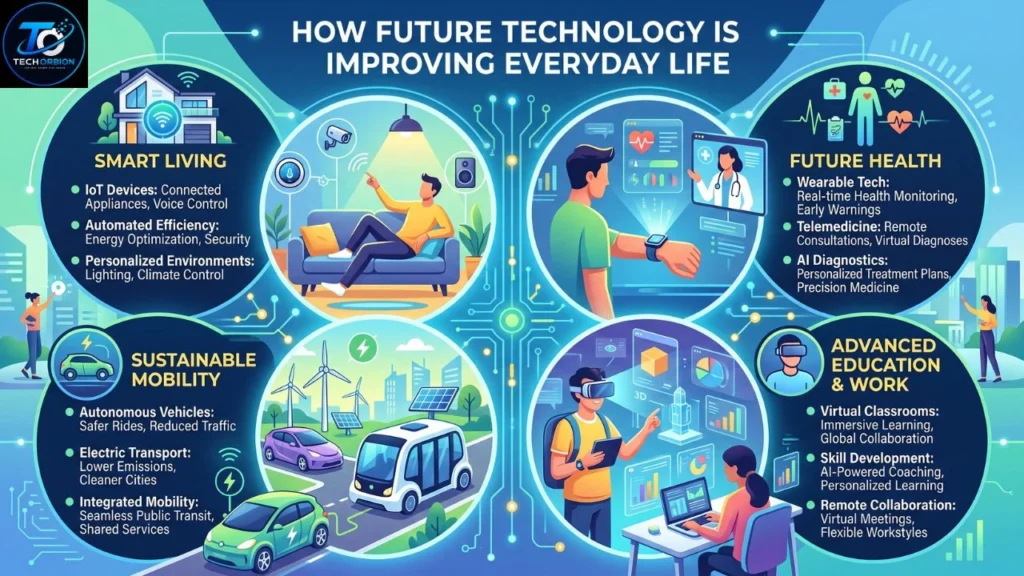 How Future Technology is improving everyday life through AI, smart homes, healthcare, education, and connected devices.