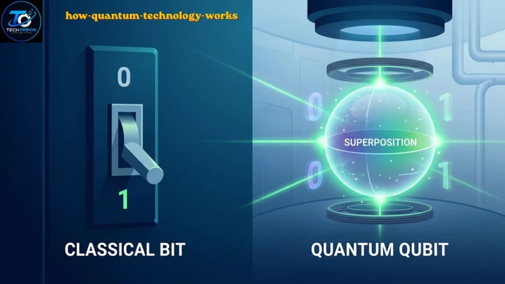 How Quantum Technology Works with qubits, superposition, and quantum computing process illustrated