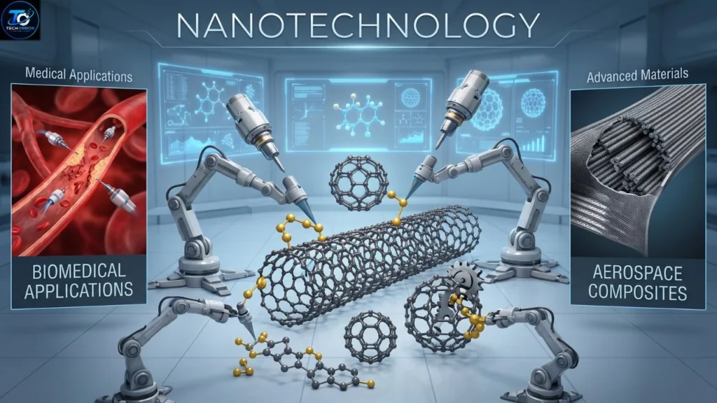 Nanotechnology showing nanoscale materials, medical applications, advanced electronics, and next-generation scientific innovation.