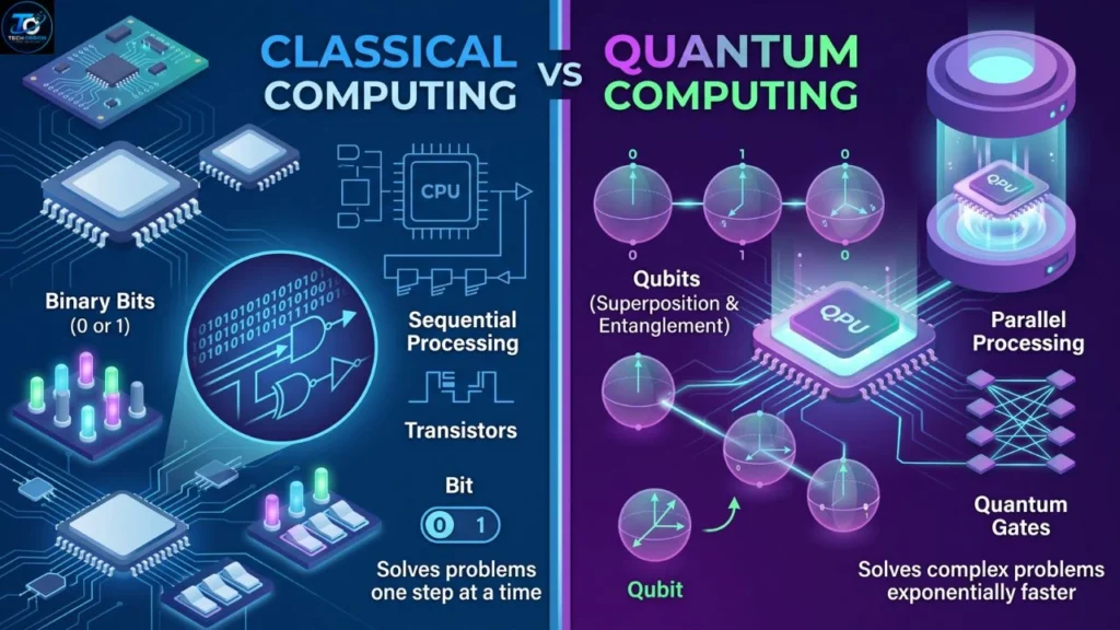 Quantum Computing vs Classical Computing comparison showing qubits, bits, processing power, and performance differences