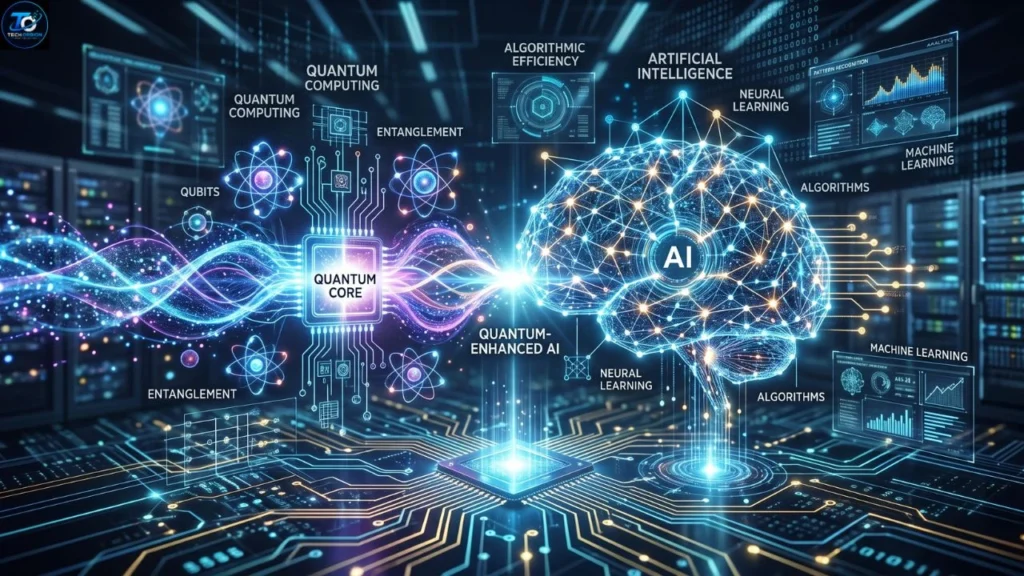 Quantum Technology in Artificial Intelligence showing quantum computing accelerating AI, machine learning, and data processing innovations