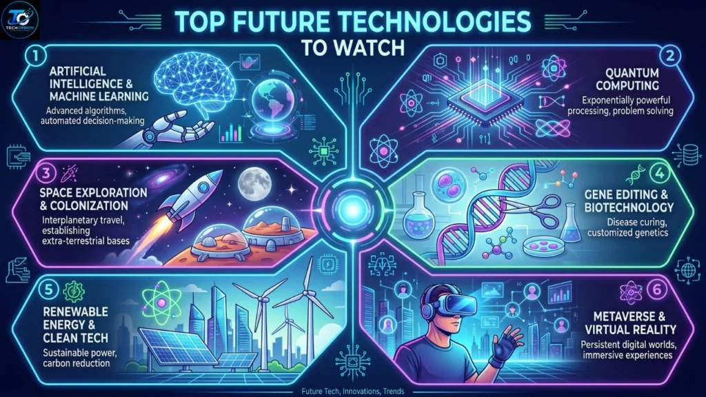 Top Future Technologies to Watch including AI, quantum computing, robotics, IoT, blockchain, and 6G innovations.