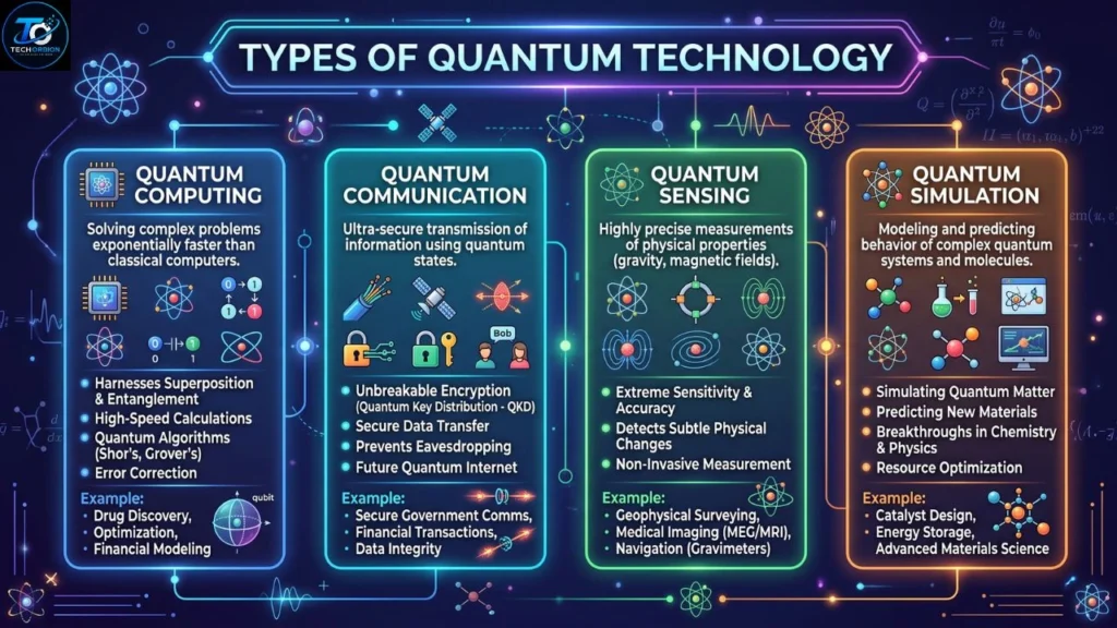 Types of Quantum Technology including quantum computing, quantum communication, quantum sensing, and quantum cryptography illustrated