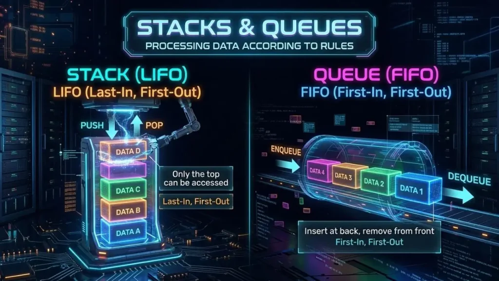Stacks and queues for processing data according to specific rules I AI Generated